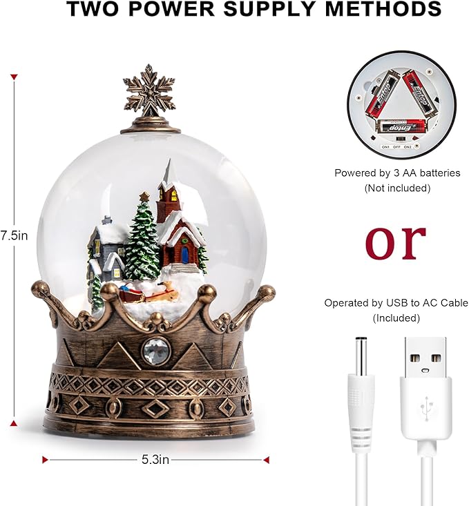 Christmas Snow Globe Lantern Water Glittering Village & Santa Crown with Music, USB Lined/Battery Operated Lighted Lantern for Christmas Festival Decoration Gifts