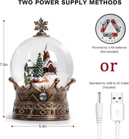 Christmas Snow Globe Lantern Water Glittering Village & Santa Crown with Music, USB Lined/Battery Operated Lighted Lantern for Christmas Festival Decoration Gifts