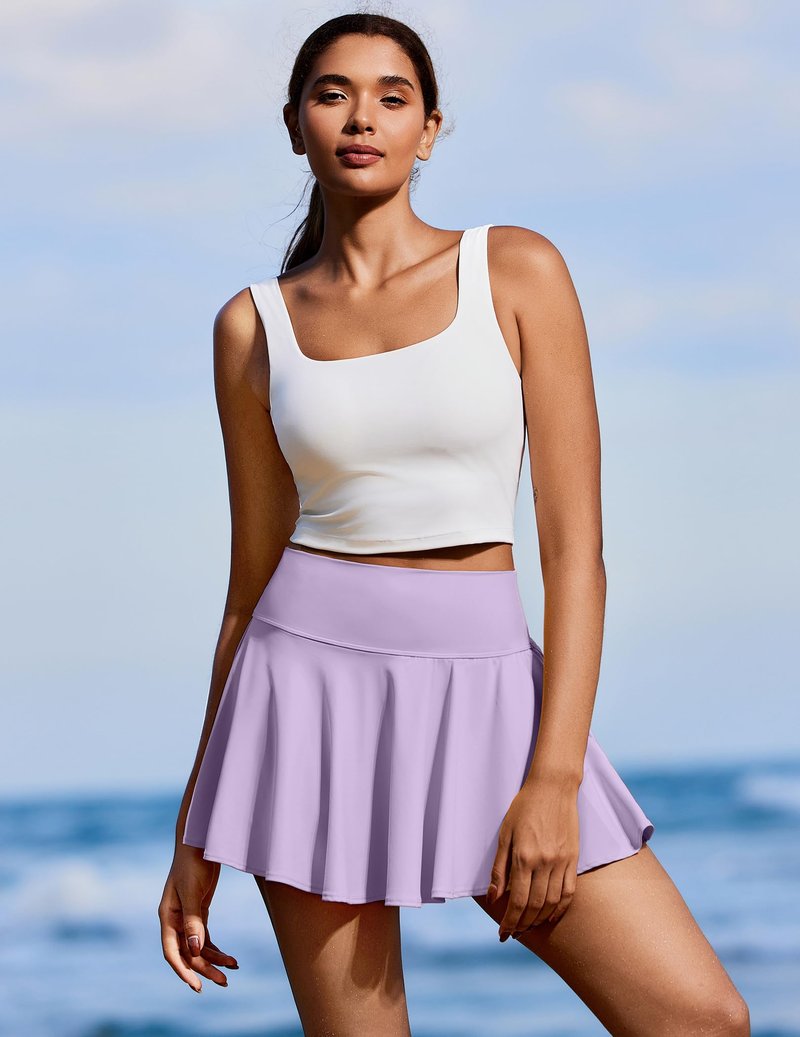PINSPARK Women's Pleated Tennis Skorts with Shorts High Waisted Golf Skirt Tummy Control Yoga Skort Light Purple L