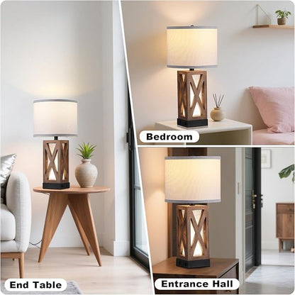Set of 2 Wood Table Lamp, Vintage Nightstand Lamp with USB Charging Ports A/C, Farmhouse Bedside Lamps for Living Room