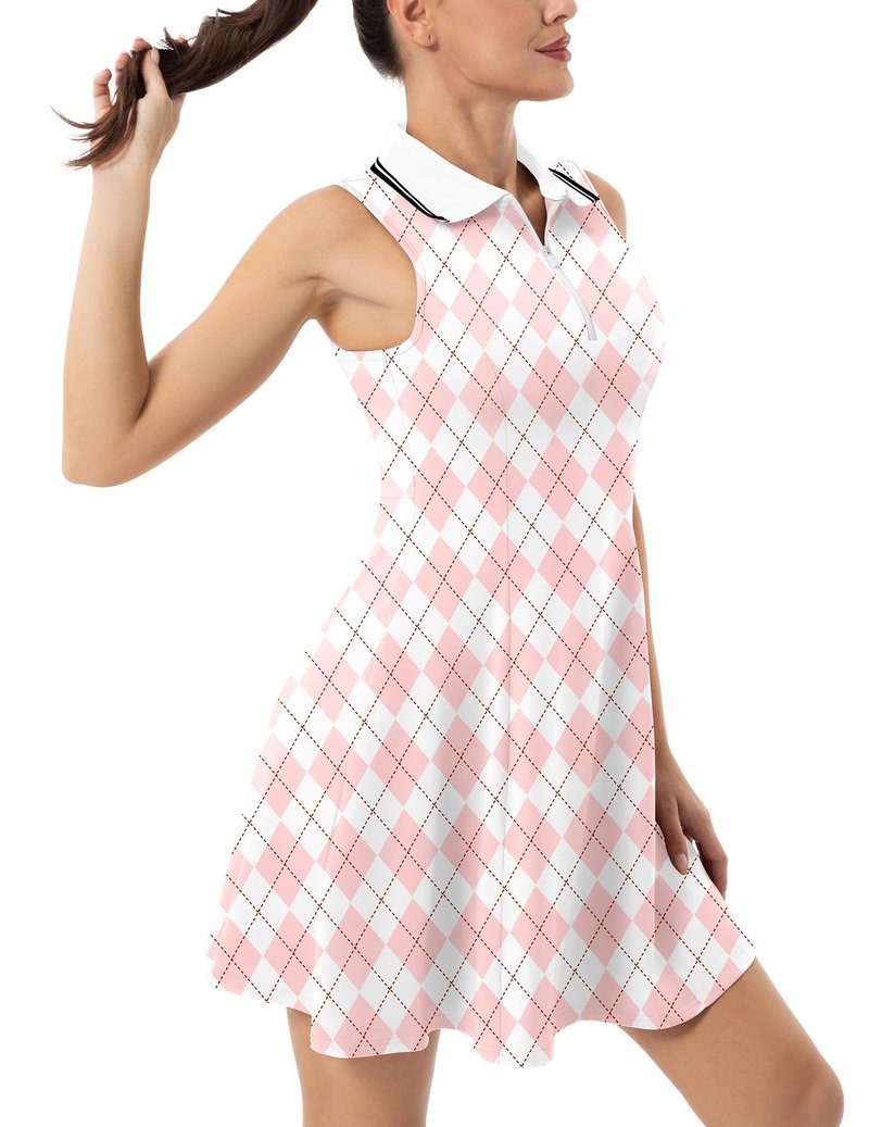 FKEEP Women's Tennis Golf Dress Sport Activewear Workout Athletic Zipper V-Neck with Shorts and Pocket (Pink Checkered, XXL)