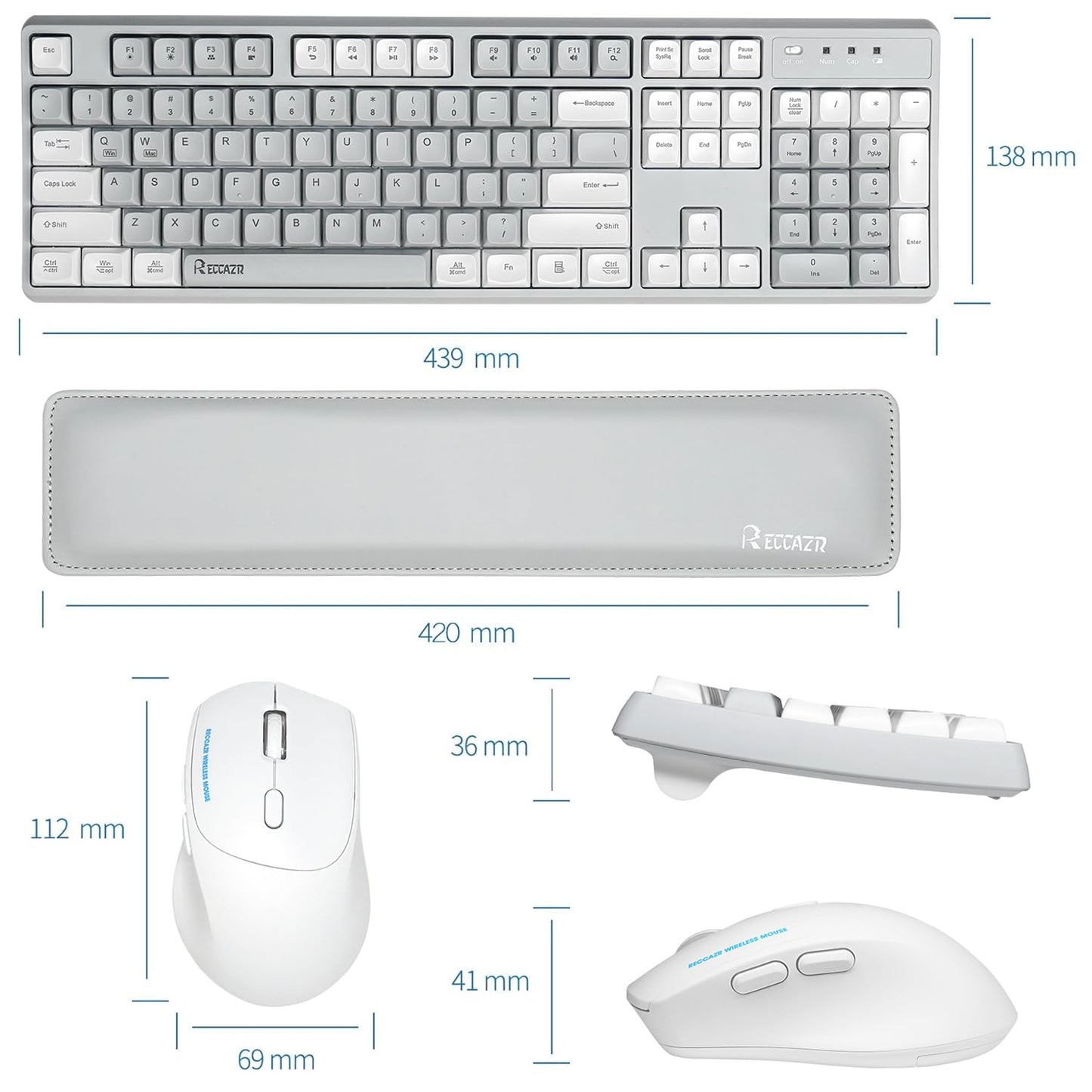 RECCAZR Wireless Keyboard and Mouse Combo with Wrist Rest, 2.4G Full-Sized Keyboard and Mouse Cordless, 3 DPI Adjustable Silent Mouse, Dual-System Keyboard for Computer/Laptop/Windows/Mac
