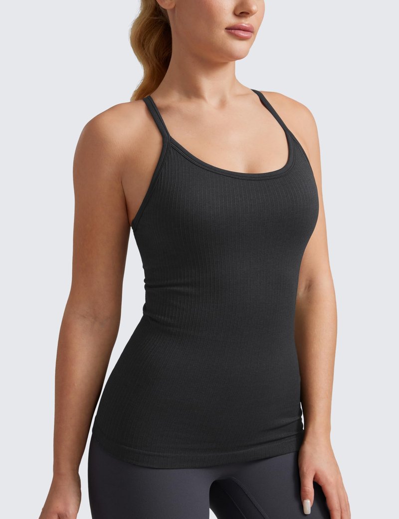 CRZ YOGA Seamless Workout Tank Tops for Women Racerback Athletic Camisole Sports Shirts with Built in Bra Black Medium