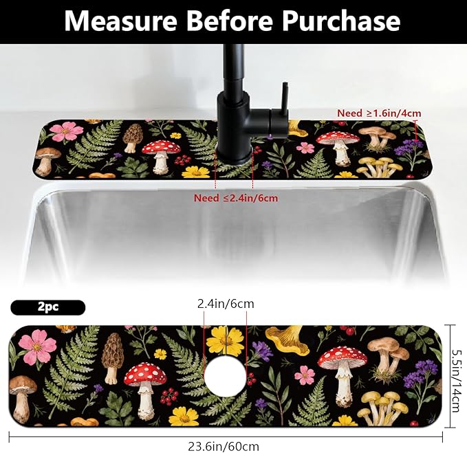 2 Pcs Kitchen Sink Splash Guard Faucet Mats Colorful Mushrooms and Flowers
