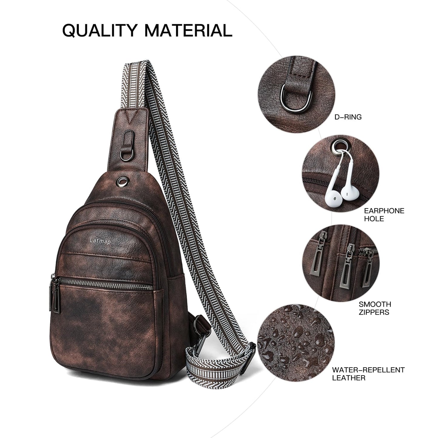 LATMAP 7L Sling Bag For Women Faux Leather Anti Theft Small Casual Daypack Backpack Fanny Pack Crossbody Chest Bags Purse Waterproof Coffee Color