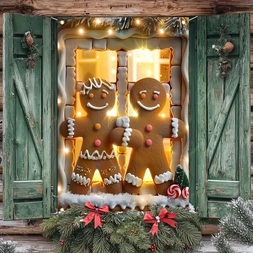 Tomhong Gingerbread Couple Christmas Window Banner 31x47 Inch Holiday Decoration Snowy Scene with Garland for Indoor Outdoor Home Wall or Window Display Cozy Christmas Decor