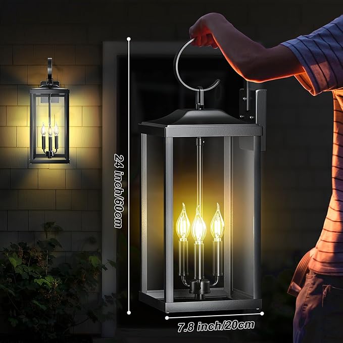 24" Extra Large Outdoor Wall Light for House, Black 3-Light Waterproof Exterior Porch Lamp Wall Mount, Modern Outside Wall Sconce Coach Light with Clear Glass, E12, 1-Pack