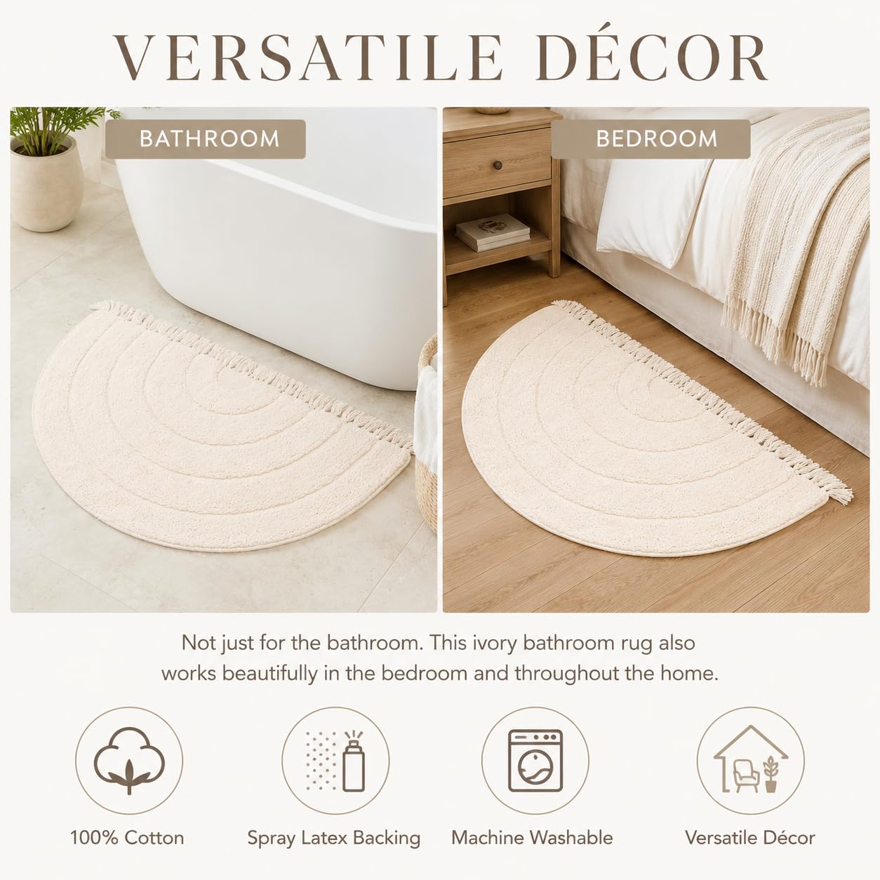 BIEN BEAU Unique Boho Half Moon Bath Rug – Ivory - 100% Cotton Bathroom Rugs - Stylish Non-Slip Bohemian Rug for Bath and Bedroom – Cute Boho Decor 20 x 38 inch