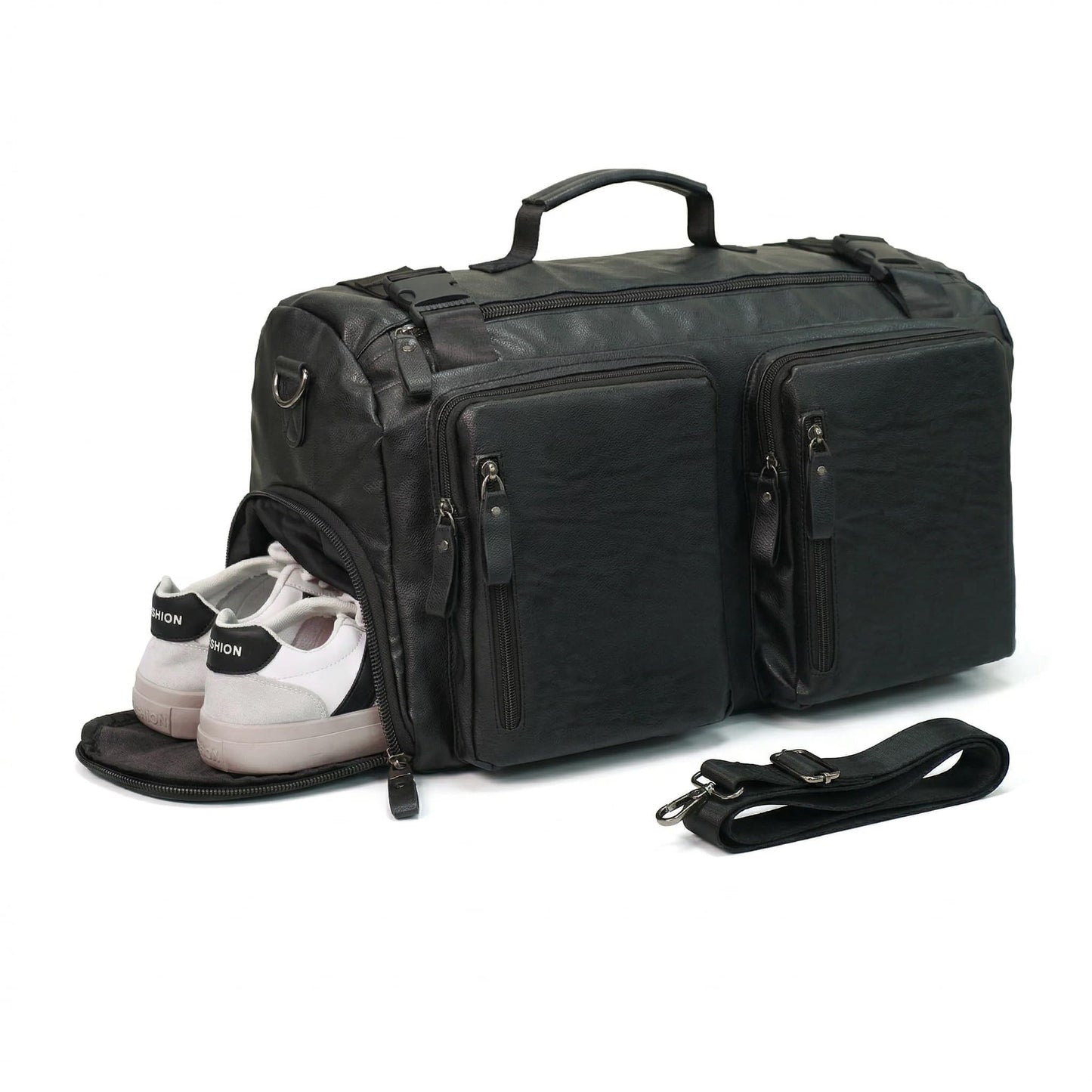 Leather Duffle Bag for Travel, Waterproof Overnight Weekend Gym Carry On Bag with Shoe Compartment for Men Women Black