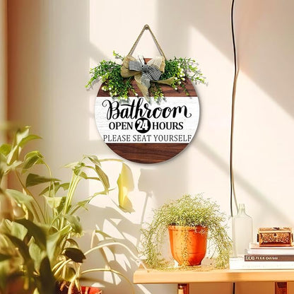Bathroom Door Sign Bathroom Open 24 Hours Please Seat Yourself Hanging Sign With Wreath And Bow Rustic Farmhouse Round Wooden Front Door Sign for All The Seasons Bath Room Decor 12x12 Inch