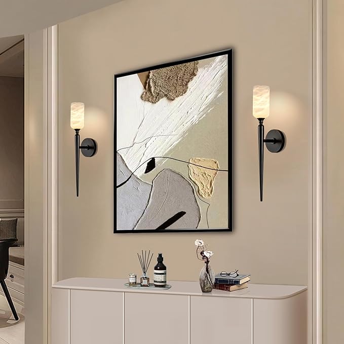 Alabaster Wall Sconce Set of 2, 22in Modern Spanish Natural Marble Bathroom Vanity Sconces, Indoor Black Wall Lighting Fixtures Decor for Bedroom Living Room Staircases