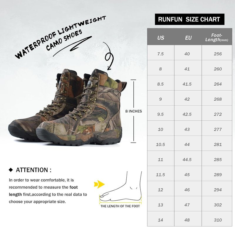 Men's Waterproof Hunting Boots - 8" Camo Insulated Hiking Boots with 200g Thinsulate