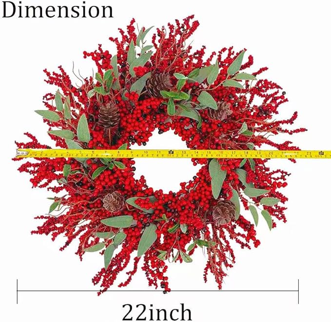 20 inch red Berry Christmas Wreath for Front Door，Used for Wall, Window, Porch, Farmhouse, Indoor and Outdoor Home Decoration