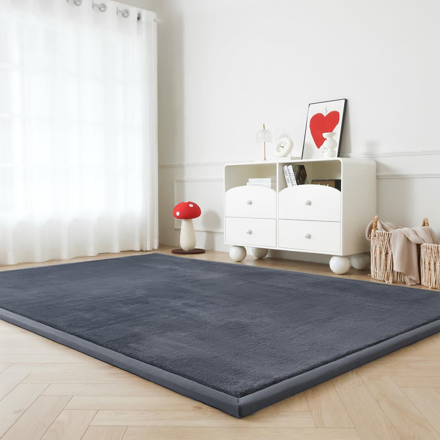 Loartee Faux Rabbit Fur Rug - 1.18" Thick Soft Fluffy Area Rug, Non-Slip Memory Foam Crawling Mat, Dark Gray, 78"x118"