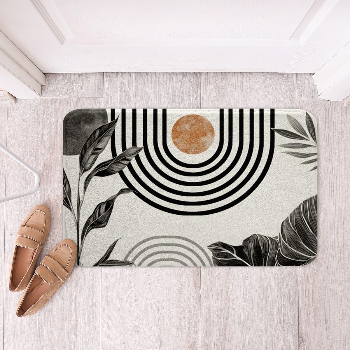 Erosebridal Modern Boho Bathroom Rugs 20"x 32" Grey White Aesthetic Bath Mat Abstract Mid Century Doormats Floor Mats Simple Tropical Palm Leaf Non Slip Bath Rug