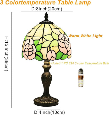 Small Tiffany Table Lamp,3 Color Temperature Pink Rose Stained Glass Table Lamps for Living Room, Dining Room,Bedroom Bedside Nightstand Night Light,W/LED Bulb,8X8X15Inch