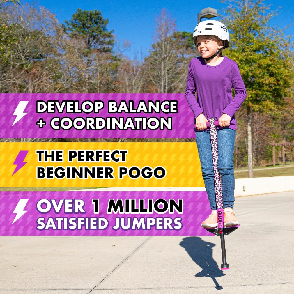 Flybar Jolt Pogo Stick for Kids, Perfect for Beginners w/ Foam-Covered Metal Frame, Handles & Padding, Non-Slip Foot Pads, Wide Tip, Outdoor Active Play Toy for Boys & Girls, Ages 6+, Leopard