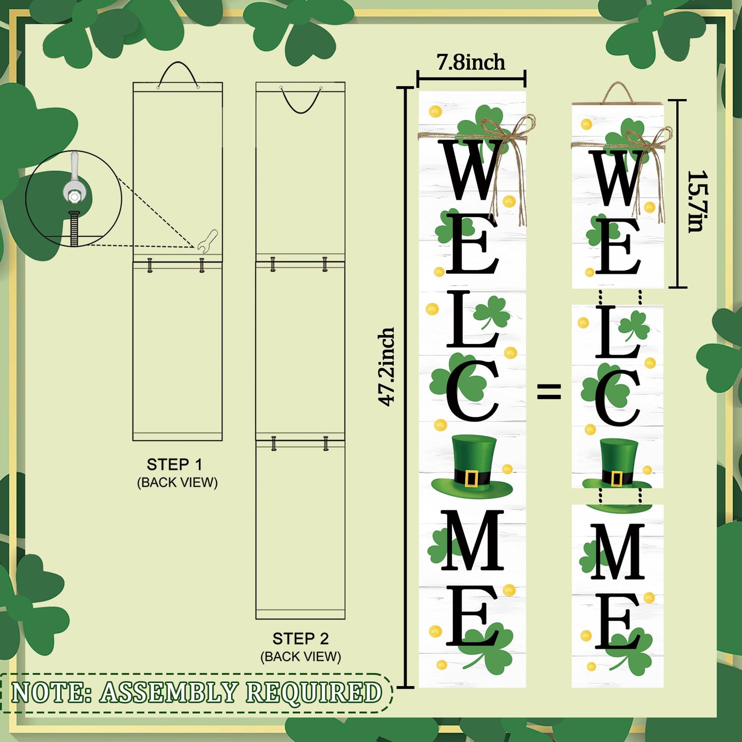St. Patrick's Day Wooden Porch Sign 47" Spring Large Welcome Porch Sign for Home Front Door Yard Clover Party Decor (Green)