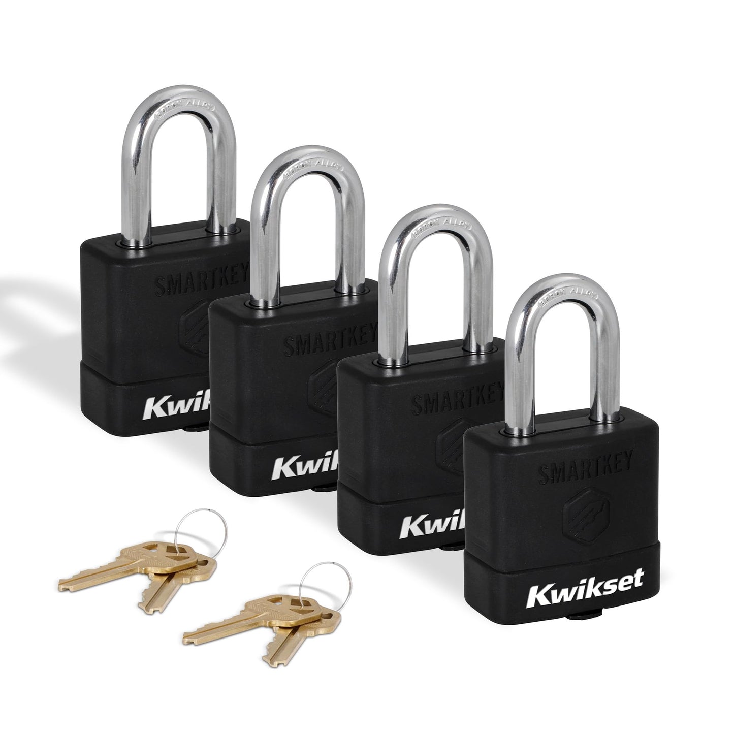 Kwikset SmartKey Re-Keyable Laminated Steel Padlock with Boron Carbide Shackle, with Weather Cover, Outdoor Gate and Storage Lock, 2 in Body, 1-1/2 in Shackle, 4 Pack Keyed Alike, Silver