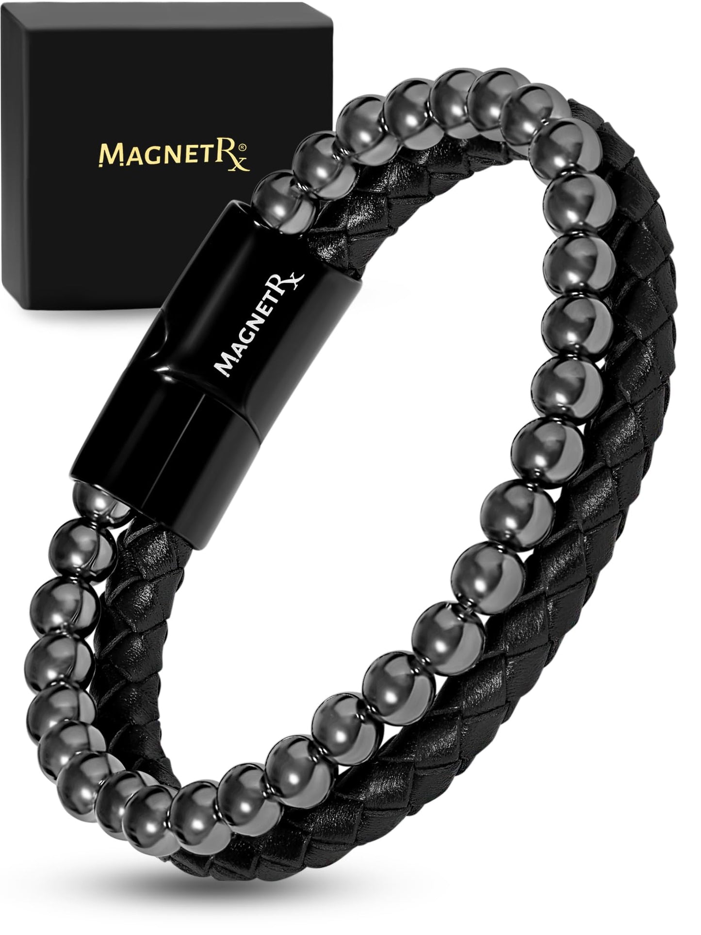 MagnetRX® Hematite & Leather Magnetic Bracelet – Max Strength Natural Stones – Beaded Magnetic Hematite Bracelets (Medium)