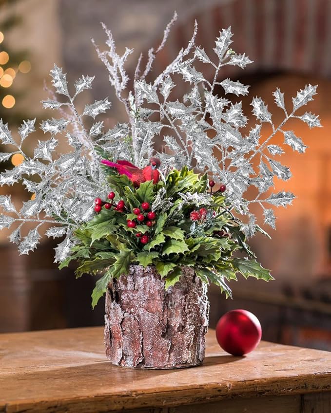 DILATATA 6Pcs Christmas Glitter Leaves Holly Leaves 23" Artificial Silver Holly Leaf Picks Sprays Giltter Stems for Christmas Tree DIY Xmas Wreath Garland Home Decor - Silver
