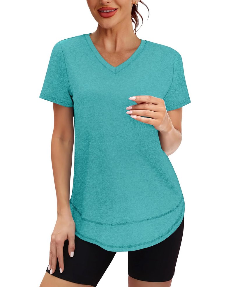 Short Sleeve Shirts for Women Workout Yoga Tops Sun Protection Clothing Summer Outfits Rash Guard Side Slit V Neck Aqua XL