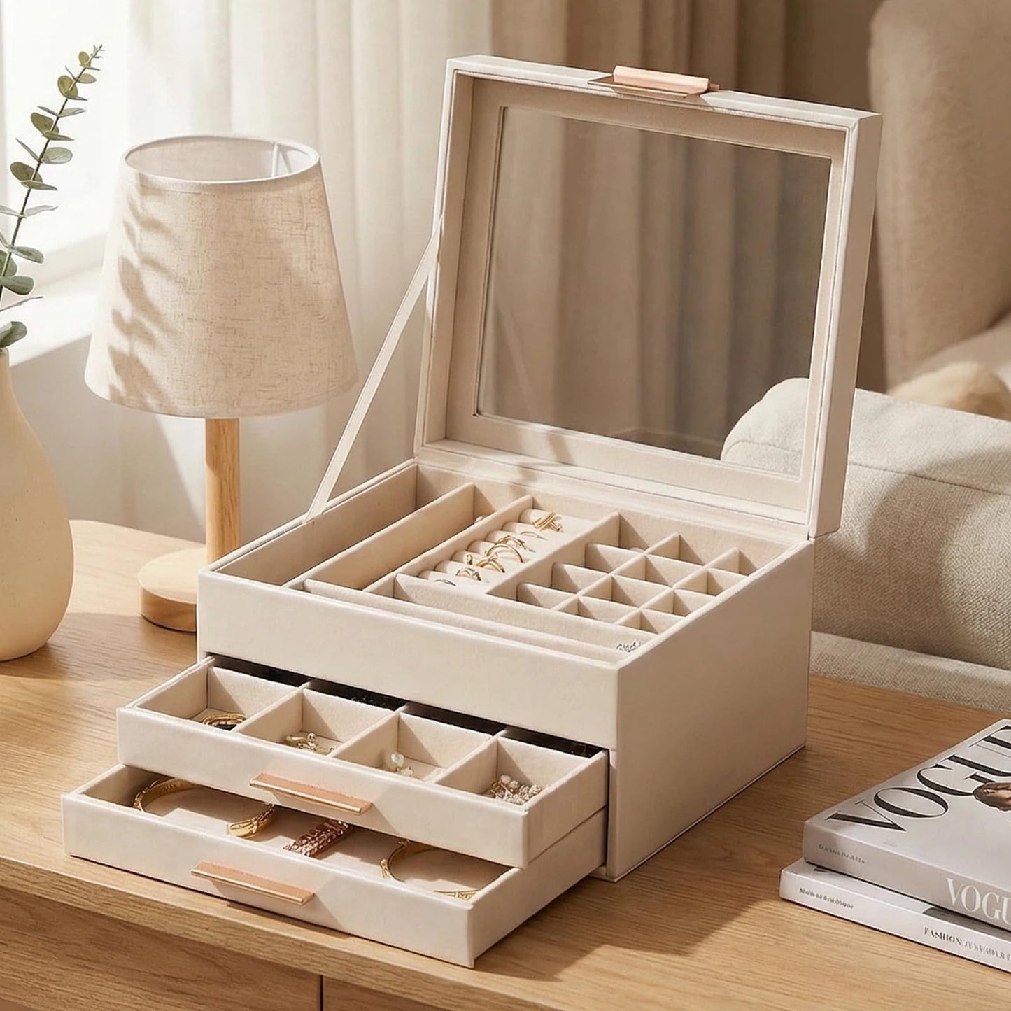 Vandozis Jewelry Box Organizer with Glass Lid, 3-Layer with Double Drawers, Luxury Velvet Lined Desktop Display Case for Earrings Rings Necklaces, Gift for Women Girls (White)