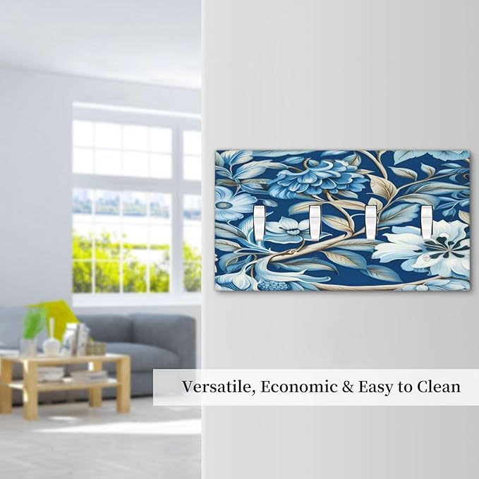 Blue Flowers Branches Leaves Floral Pattern Light Switch Covers Quad Toggle 4 Gang Wall Plate Decorative Switchplate Electrical Faceplate for Farmhouse Bathroom Living Decor