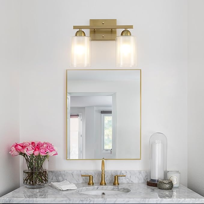 Stainless Steel Bathroom Vanity Light Over Mirror, 2 Light Brushed Gold Bathroom Light Fixtures with Milk Glass and Clear Glass Shades, Modern Vanity Lighting Wall Mount