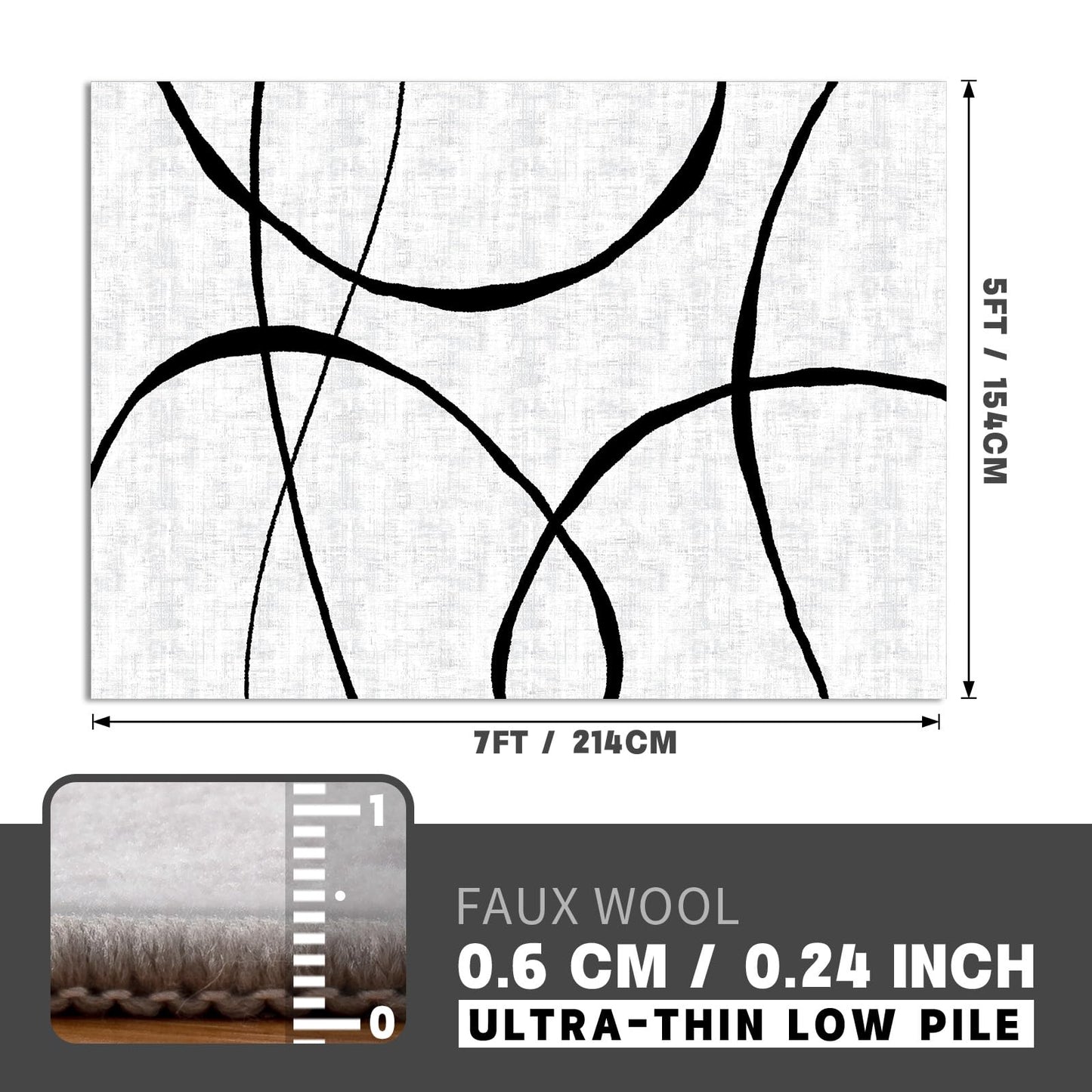 YIHOUSE 5x7 Washable Living Room Rug - Modern Abstract Black and White Area Rug Non-Slip for Bedroom Home Office (Curve, 5'x7'ft)