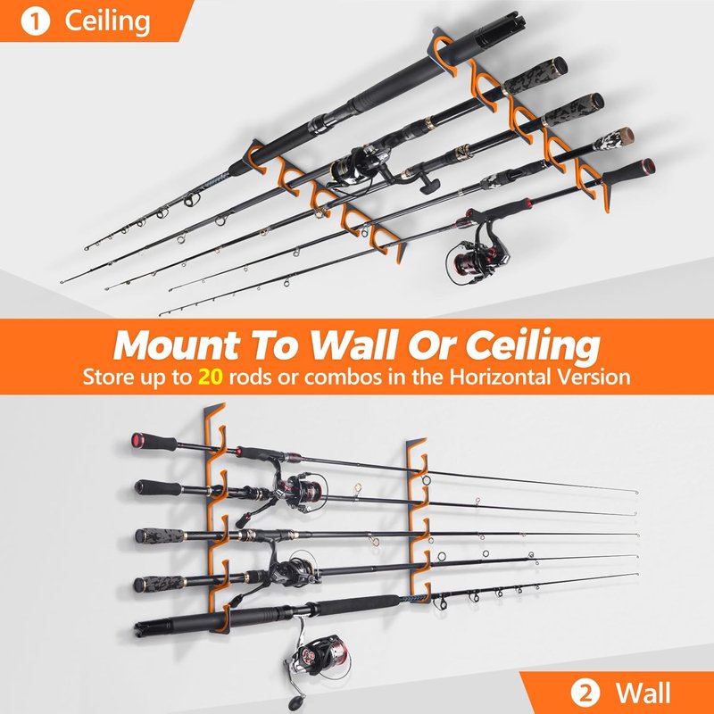 Plusinno Fishing Rod Holder - Horizontal Wall & Ceiling Mount | Aviation Aluminum, Holds Up to 20 Rods
