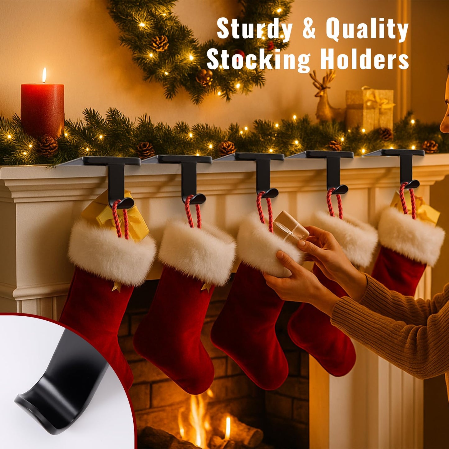 Btanadi Stocking Holders for Mantle Set of 6, Metal Christmas Stocking Holder, Heavy Duty Stocking Hangers with Non-Slip Protective Pad, Mantle Garland Hanger for | TV Stand | Staircase | Dresser