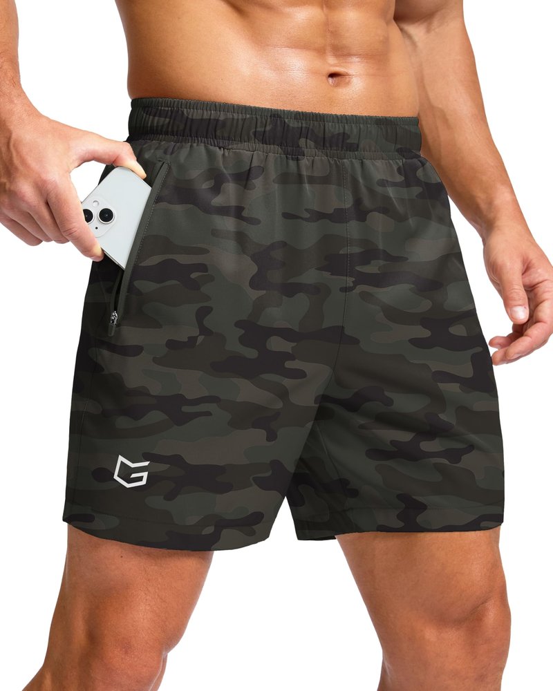 G Gradual Men's Athletic Running Shorts with Zipper Pockets Quick Dry 7"/ 5"/ 9" Workout Gym Shorts for Basketball Hiking(Green Camo,5L)