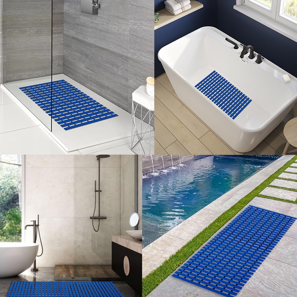 SUWUYUE Bath Mat Non Slip Shower Mat Bathtub with Drain Holes and Heavy Duty Rubber No Suction Cups Sturdy Shower Stall Tub Mat for Bathroom, Shower Floor, Pool, SPA, (Blue, 17"x26")