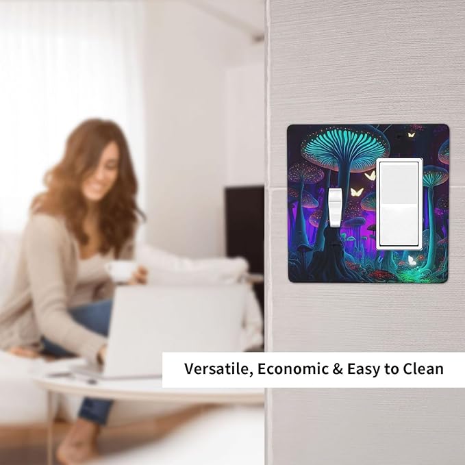 Fantasy Mushroom Forest Glowing Butterfly 2 Gang Combination Light Switch Cover Decorative Toggle Rocker/Decora Wall Plate Electrical Faceplate for Bathroom Kitchen Home Decor