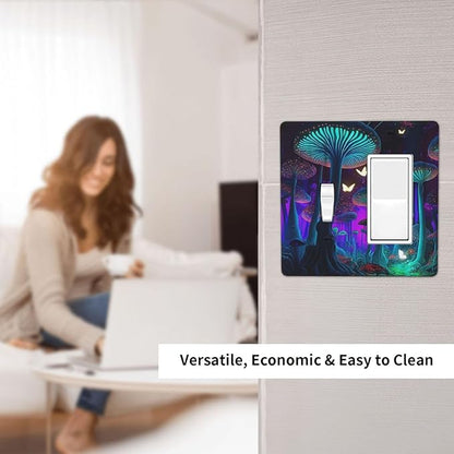 Fantasy Mushroom Forest Glowing Butterfly 2 Gang Combination Light Switch Cover Decorative Toggle Rocker/Decora Wall Plate Electrical Faceplate for Bathroom Kitchen Home Decor