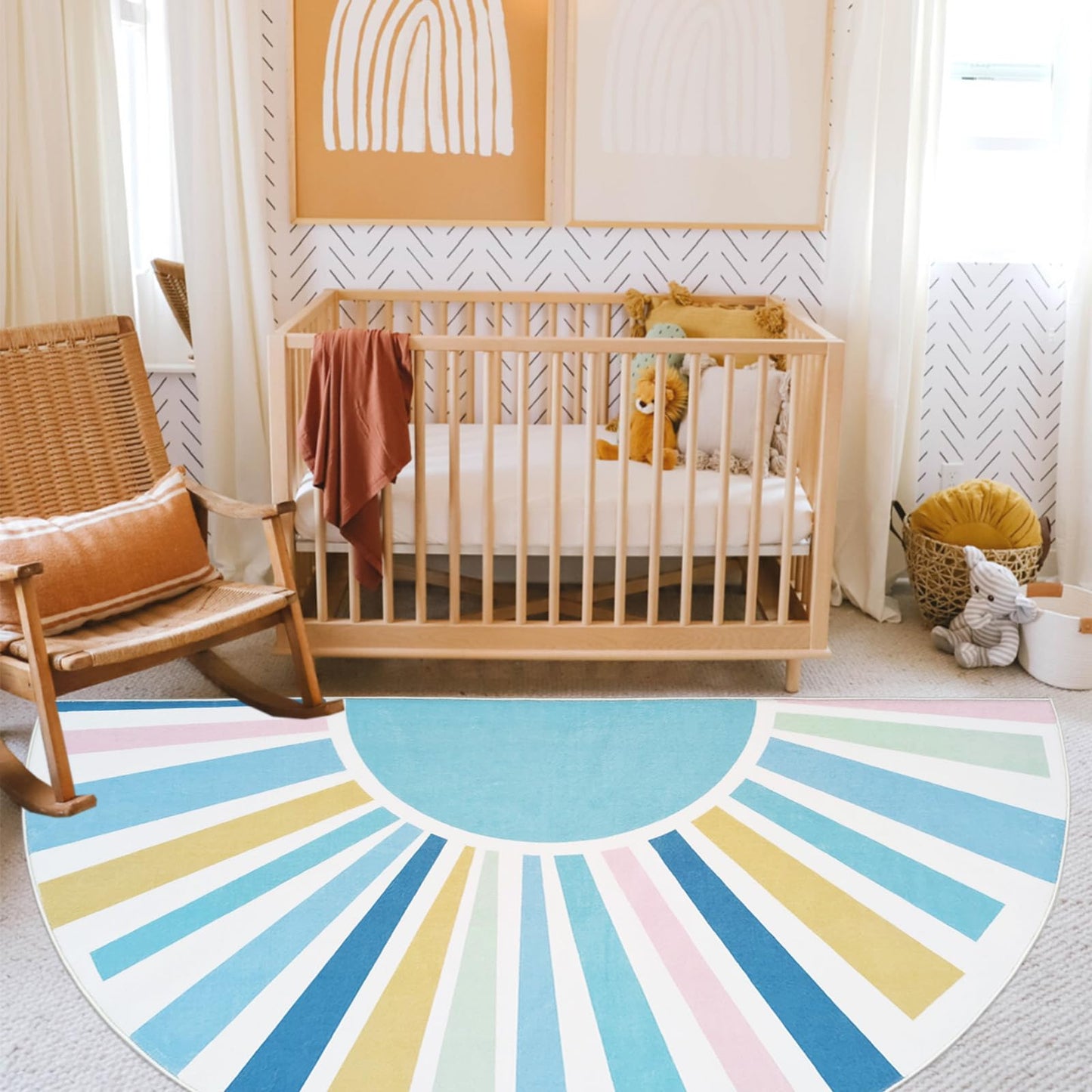Lacomfy Half Circle Boho Sun Rug 3x6Ft Half Round Kids Play Mat for Bedroom Playroom, Semicircle Carpet for Boys Girls Nursery Mat Classroom Living Room Decor, Half Moon Doormat, Blue