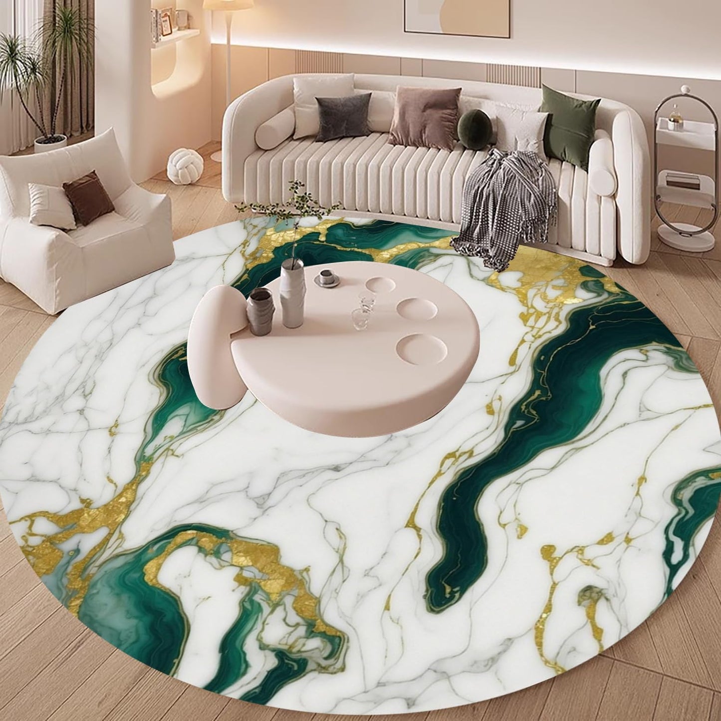 Emerald Green Gold Marble Abstract Modern Aesthetic 6ft Round Area Rug for Living Room Bedroom Diningroom Washable Wool Ultra Soft Carpet Art Deco Guestroom Meetingroom Office Floor Rug Mat