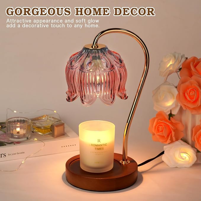 Funistree Flower Candle Warmer Lamp with Timer, Dimmable Candle Lamp Warmer, Christmas Birthday Gifts for Women Mom Her, Housewarming Home Decor, Lotus Wax Warmer for Yankee Candles - Blue&Pink