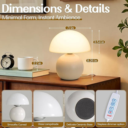 Small Mushroom Lamp,USB-Plug in Bedside Table Lamps with 3-Temperature LED Bulb Dimmable,Unique Cute Aesthetic Home Decor for Living Room,Bedroom, Modern Ceramic Base Glass Lamp(White)