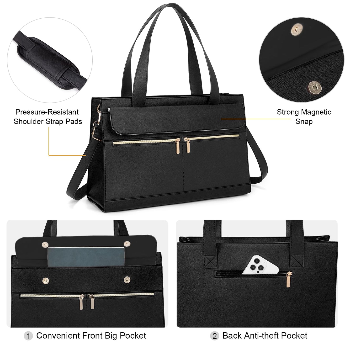 Laptop Bag for Women 15.6 Inch, Professional Tote Briefcase Purse, Eco-friendly Leather Teacher Bag Work Bag for Business(Black)
