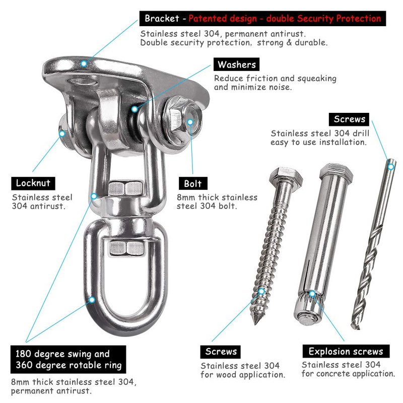 IOH Heavy Duty Swing Hangers Stainless Steel 304, Double Protection Design,【2000 lb Capacity】 360° Rotation, Playground Porch Yoga Seat Trapeze, Hammock Chair, Swing Set Indoor Outdoor