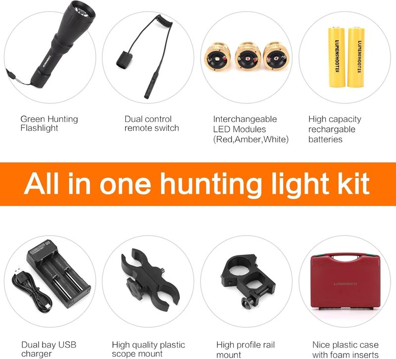 Predator Hunting Flashlight Kit - Rechargeable Red, Green, White & Amber Light | Scope Rail Mount & 10-Hour Battery Life