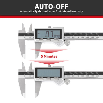 6 inch Stainless Steel Digital Caliper (IP54) & Stainless Steel Rule Set, Easy Switch from Inch/Metric/Fraction, Splash-Proof Protection with Large LCD Display – DIY/Household