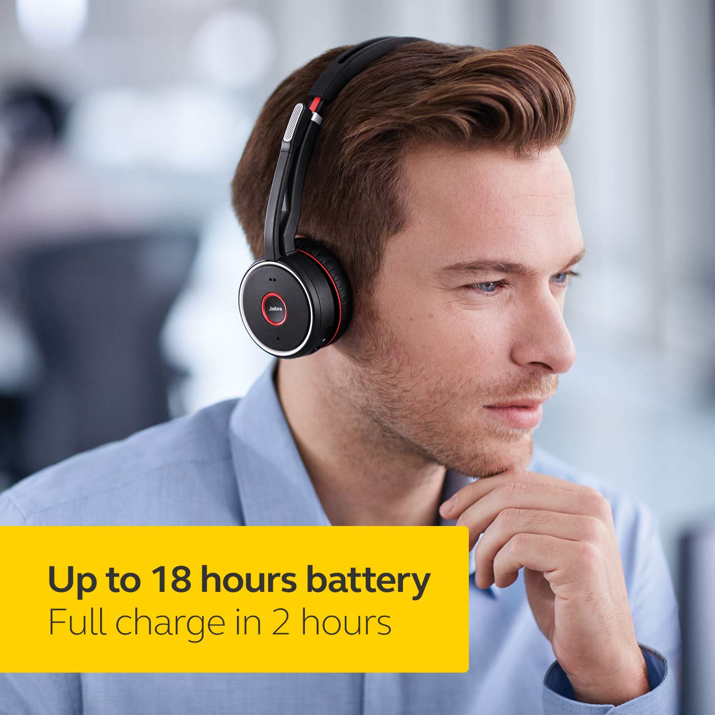 Jabra Evolve 75 UC Wireless Headset, Stereo – Includes Link 370 USB Adapter and Charging Stand – Bluetooth Headset with World-Class Speakers, Active Noise-Cancelling Microphone, All Day Battery