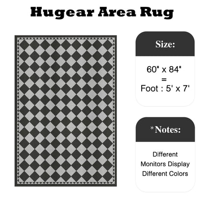 HUGEAR 5x7 Outdoor Rug Black/Grey Linen-Look Fabric Checkered Area Rug High Traffic Stain Resistant Easy Clean Durable Rugs for Indoor/Outdoor Patio Deck Balcony Porch Garden Courtyard