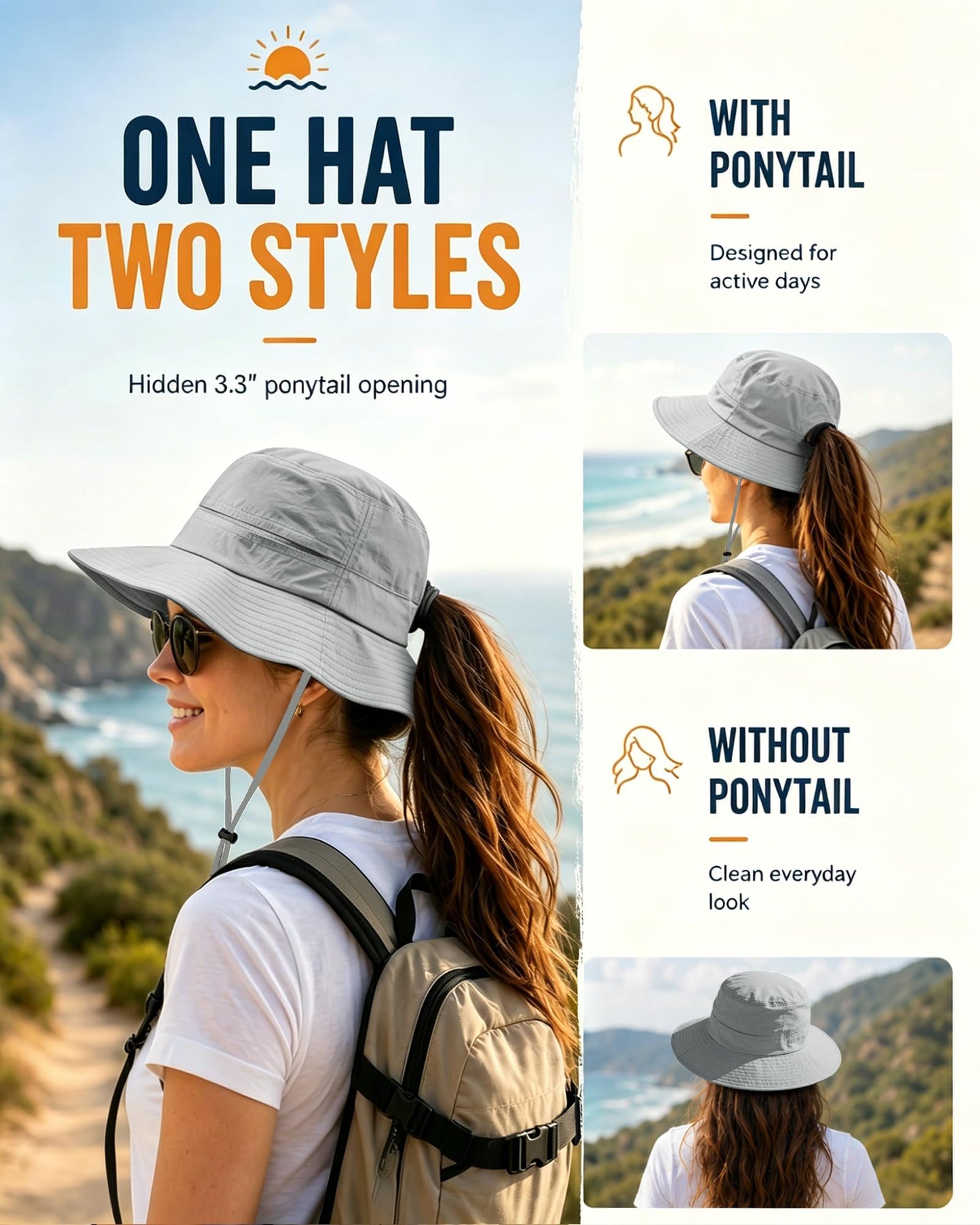 Womens Ponytail Sun Hat Packable UPF50+ Waterproof Bucket Hat Hiking Fishing Safari Hat Foldable Beach Hat