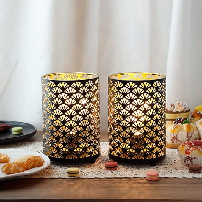 TRIROCKS Set of 2 Battery Operated Lamp 6.5'' Tall Metal Cordless Table Lamp Bronze Lanterns with Warm Fairy Lights Bulb for Patio Garden Wedding Parties Indoor Outdoor(Scalloped Hollow Pattern)