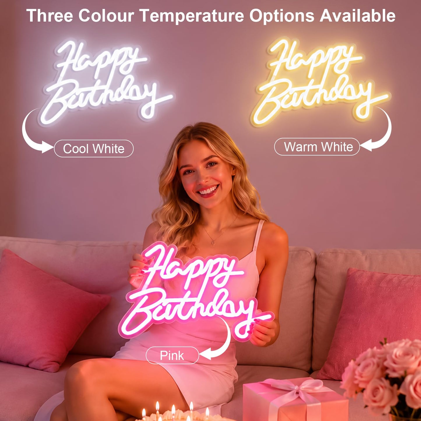 Miootly Happy Birthday Neon Sign for Wall Party Decor, LED Happy Birthday Light up Sign for Backdrop, 16"x 11" USB Powered 10 Brightness Settings Light up Signs Party Decorations Backdrop, Pink
