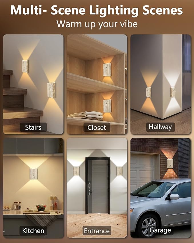 2 Pack Rechargeable Motion Sensor Wall Sconce – 5000mAh Wireless Battery Operated Wall Light, 3 Colors Up/Down Lighting Night Light with Remote Control for Indoor Stairs, Bedroom, Hallway (Wood)